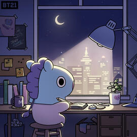 BT21 Mang writing at a desk at night.